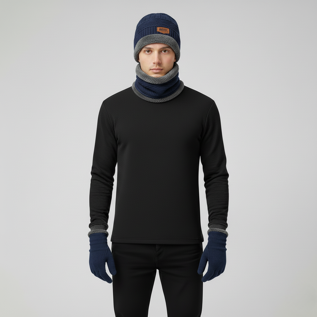 Men’s Warm Knit 3-Piece Set – Beanie, Scarf & Fleece Gloves