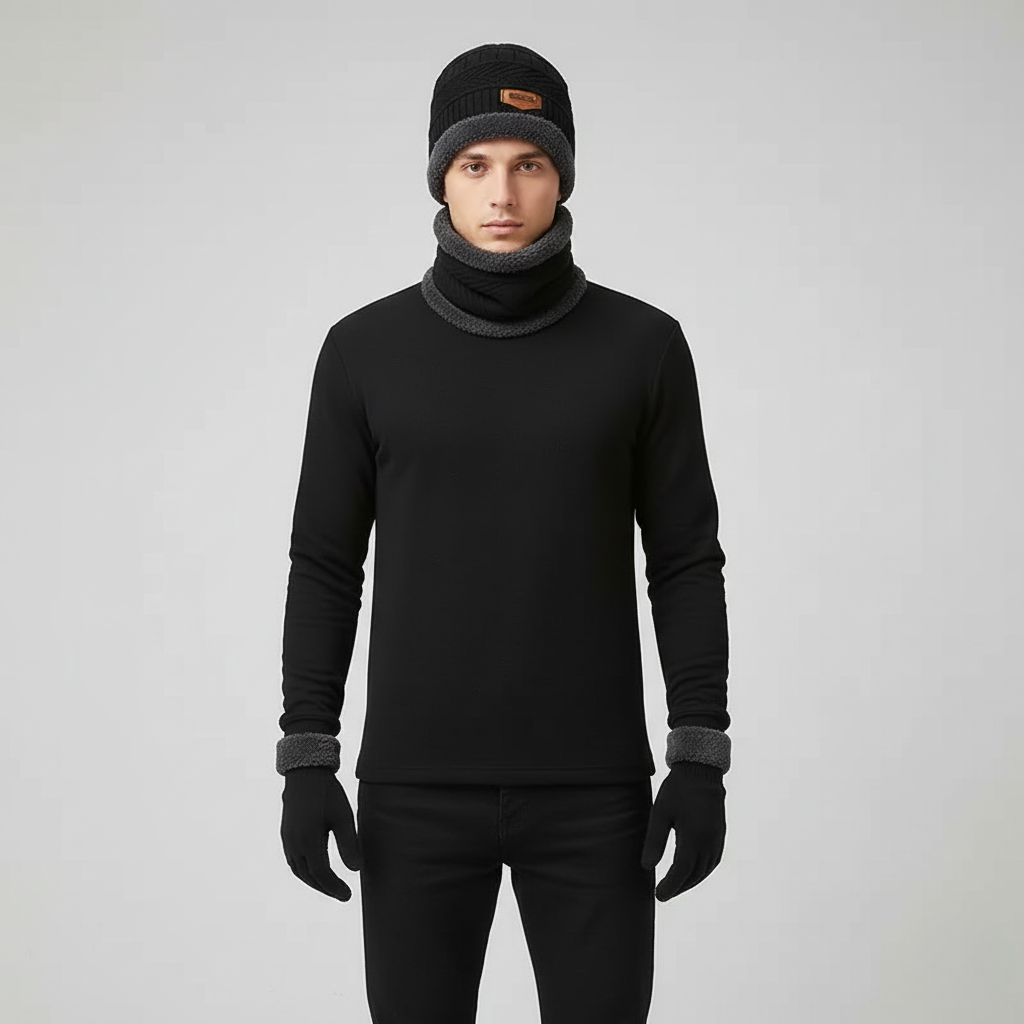 Men’s Warm Knit 3-Piece Set – Beanie, Scarf & Fleece Gloves