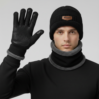 Men’s Warm Knit 3-Piece Set – Beanie, Scarf & Fleece Gloves